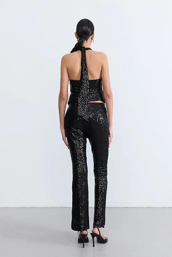 Sequin Flared Trousers - Black - Gusto