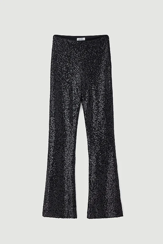 Sequin Flared Trousers - Black - Gusto