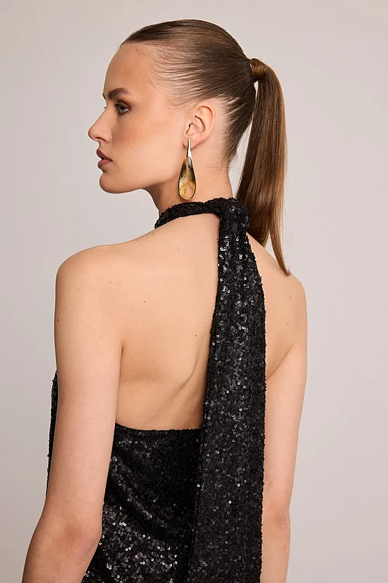 Sequin Halter Cross-Strap Blouse - Black - 5