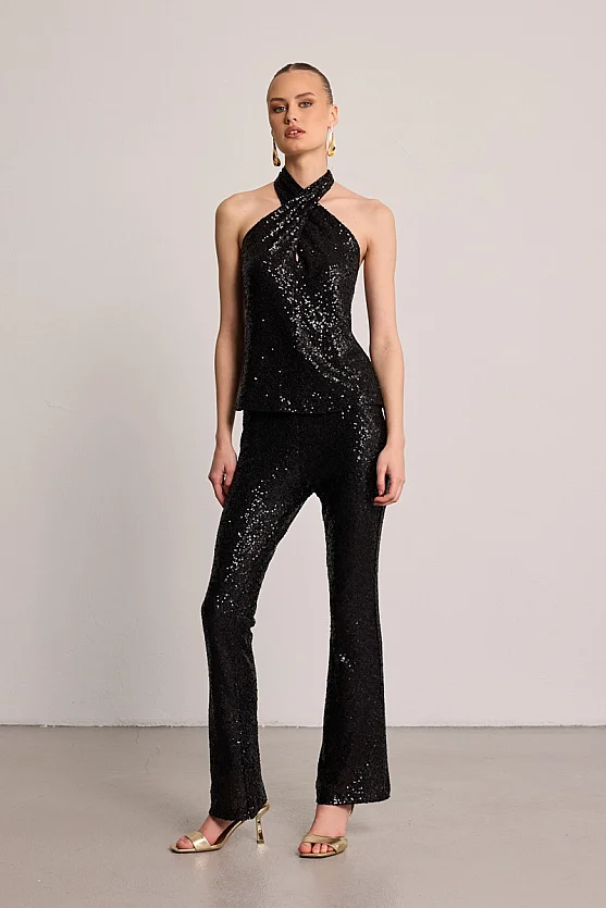 Sequin Halter Cross-Strap Blouse - Black - 3