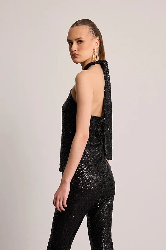 Sequin Halter Cross-Strap Blouse - Black - 4