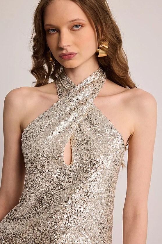 Sequin Halter Cross-Strap Blouse - Grey - 2