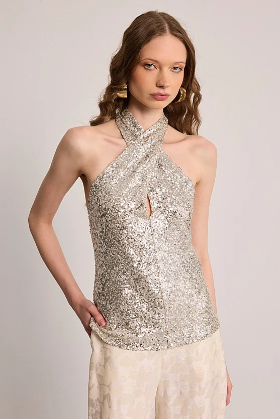 Sequin Halter Cross-Strap Blouse - Grey - 1