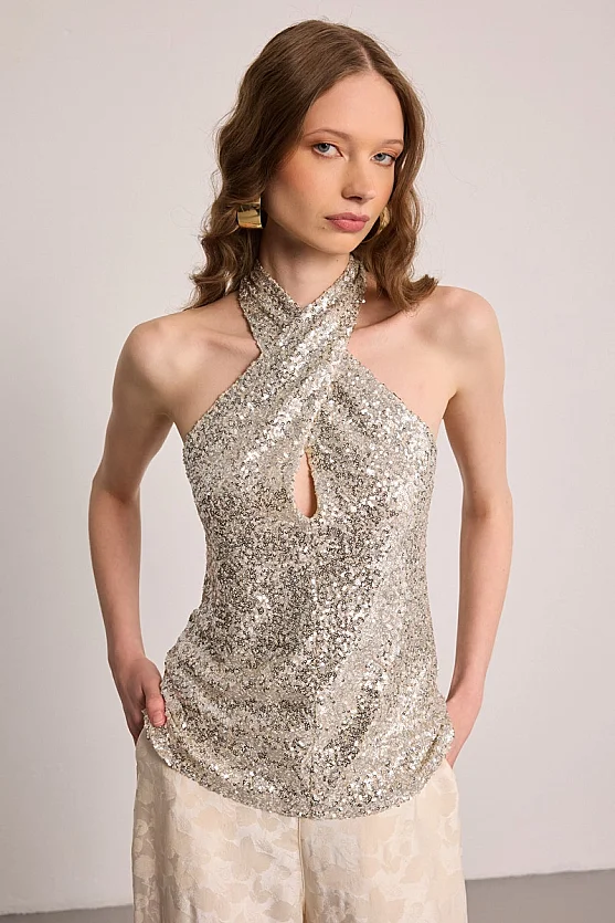 Sequin Halter Cross-Strap Blouse - Grey - 5