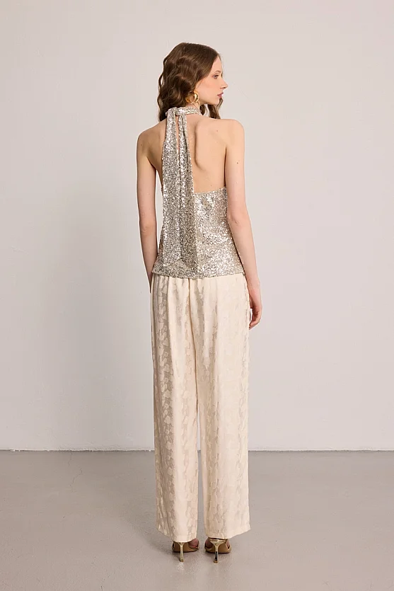 Sequin Halter Cross-Strap Blouse - Grey - 8