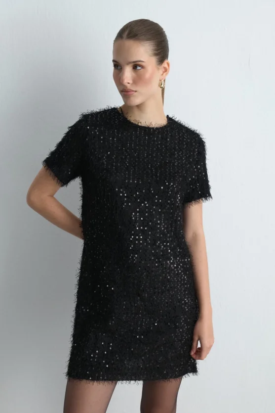 Sequin Jersey Half Sleeve Dress - Black - 2