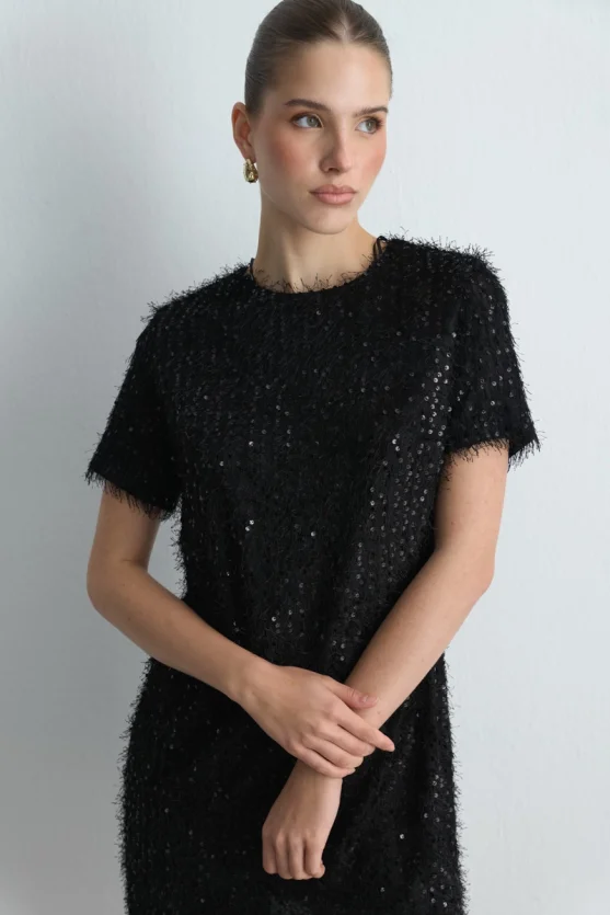 Sequin Jersey Half Sleeve Dress - Black - 3