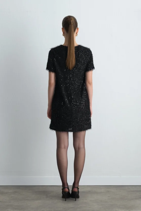 Sequin Jersey Half Sleeve Dress - Black - Gusto