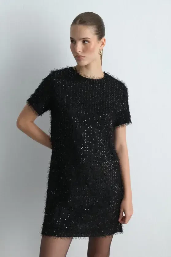 Sequin Jersey Half Sleeve Dress - Black - 2