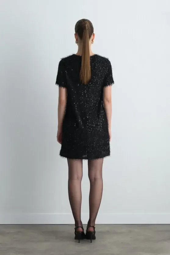 Sequin Jersey Half Sleeve Dress - Black - 5