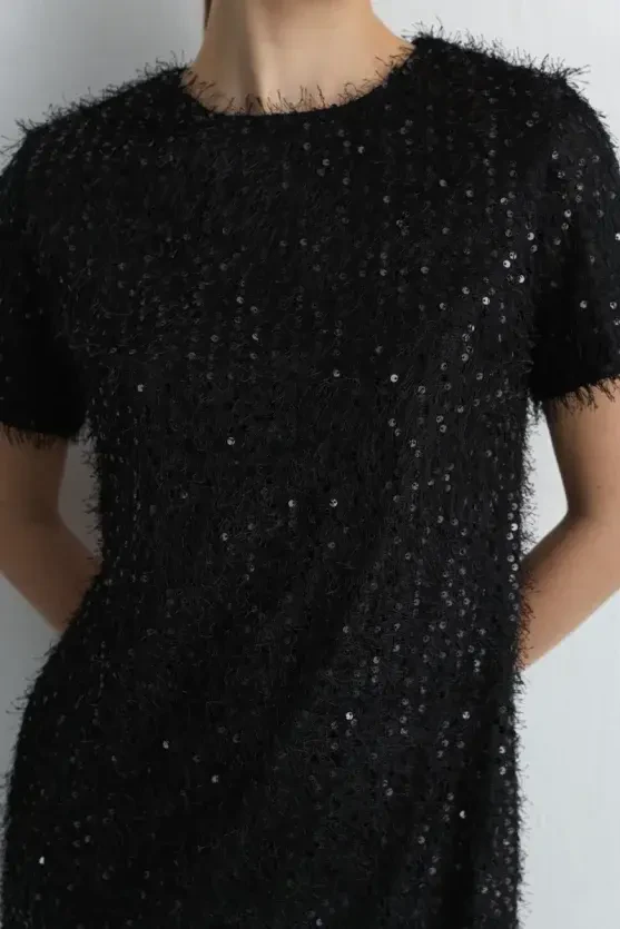 Sequin Jersey Half Sleeve Dress - Black - Gusto