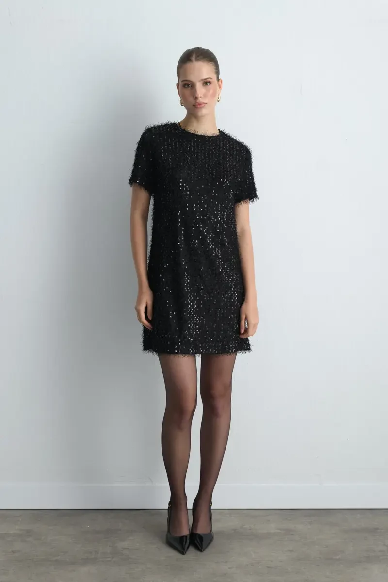 Sequin Jersey Half Sleeve Dress - Black Black
