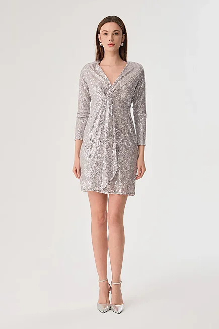 Sequin Knotted Dress - Silver - 4