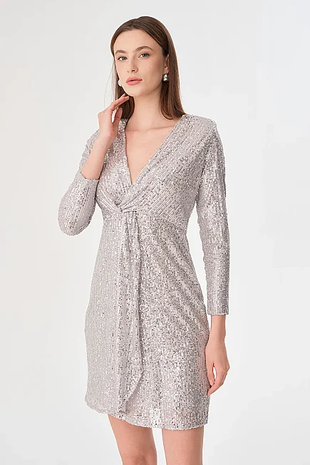 Sequin Knotted Dress - Silver - 6