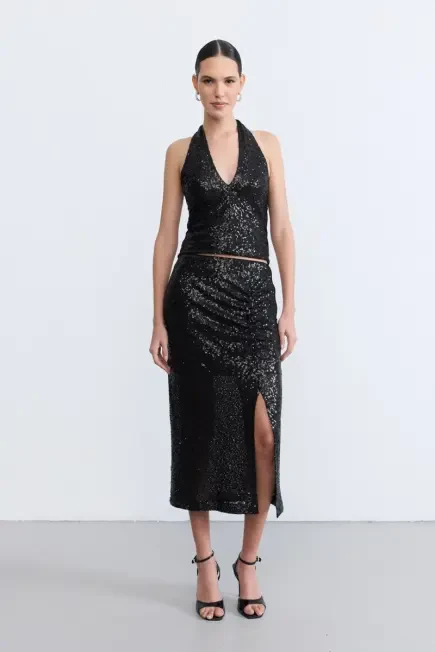 Sequin Long Skirt - Black Black