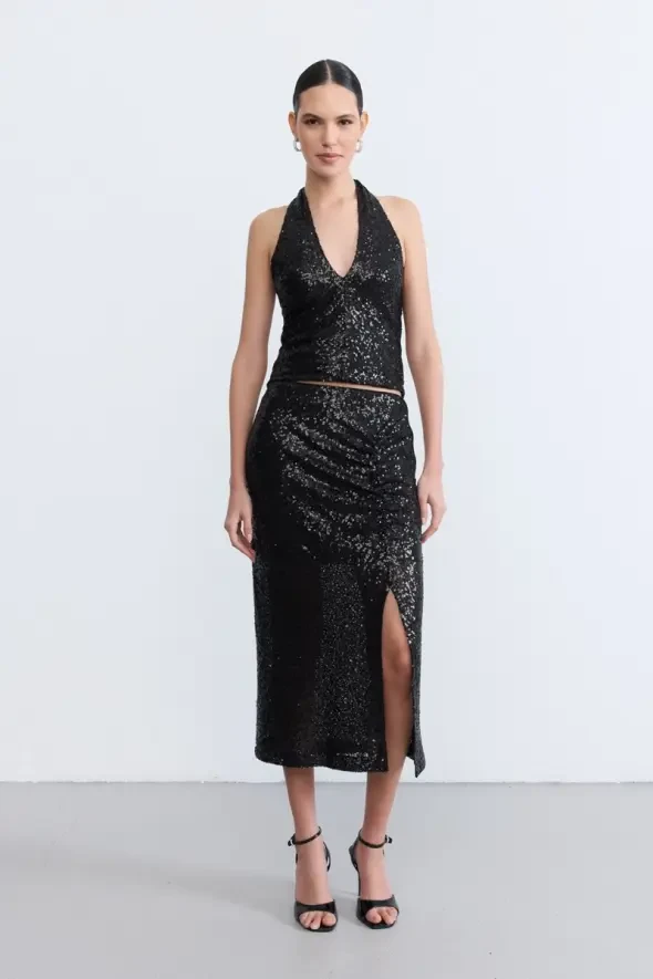 Sequin Long Skirt - Black - 1