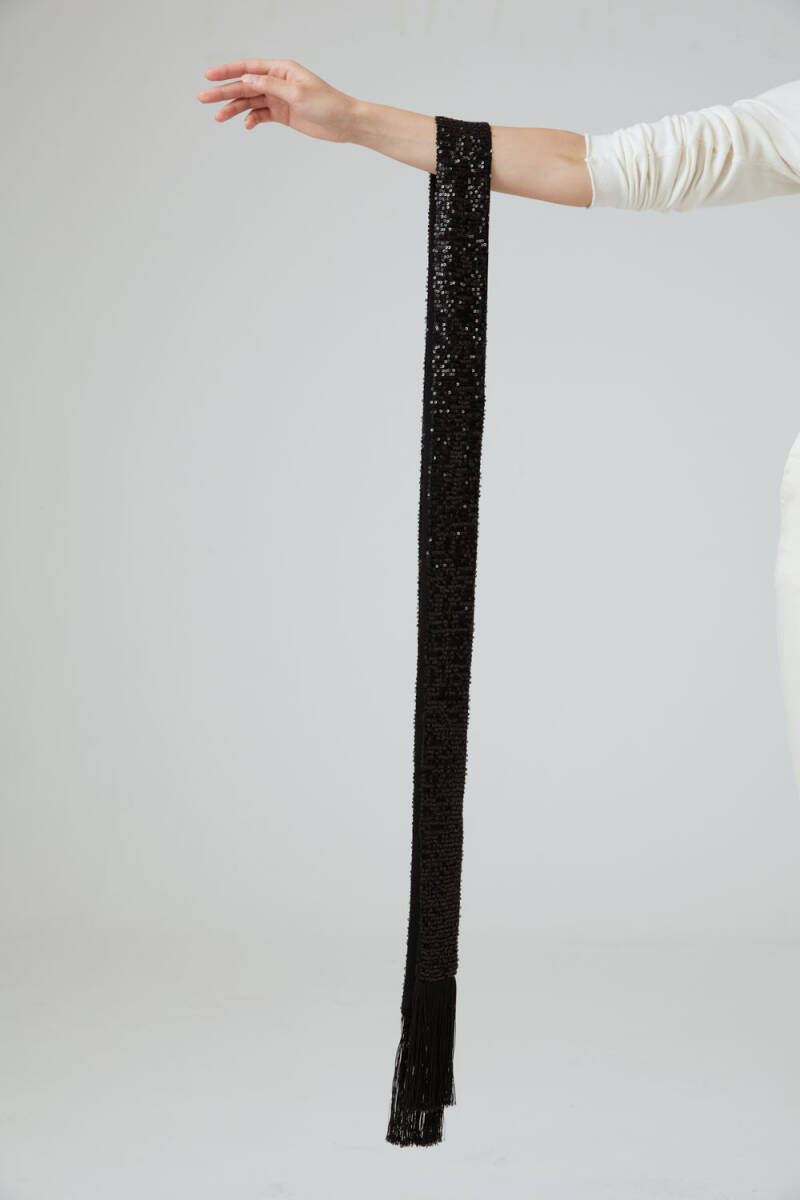 Sequin Long Tasseled Scarf - Black - 1