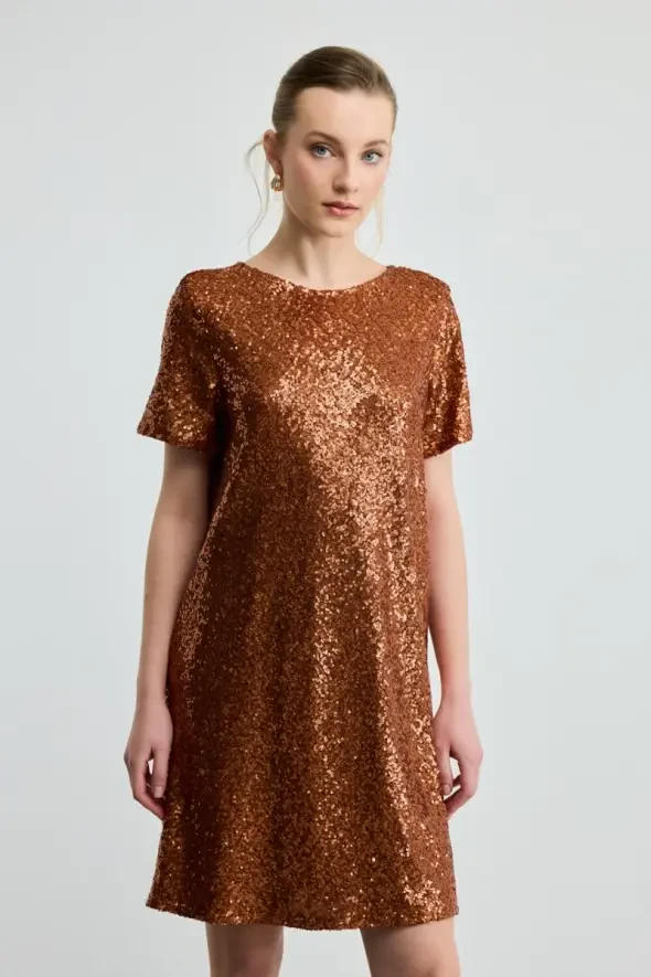 Sequin Low-Cut Dress - Copper - Gusto
