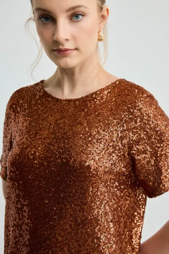Sequin Low-Cut Dress - Copper - Gusto
