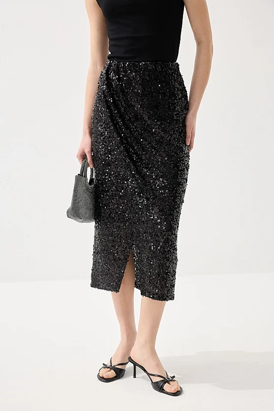 Sequin Premium Evening Long Skirt - Black - Gusto