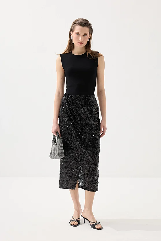 Sequin Premium Evening Long Skirt - Black - 1