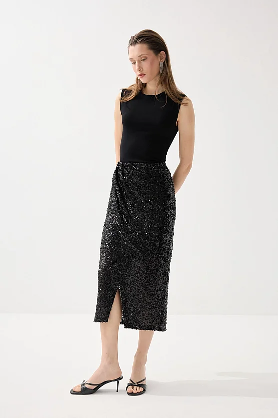Sequin Premium Evening Long Skirt - Black - Gusto