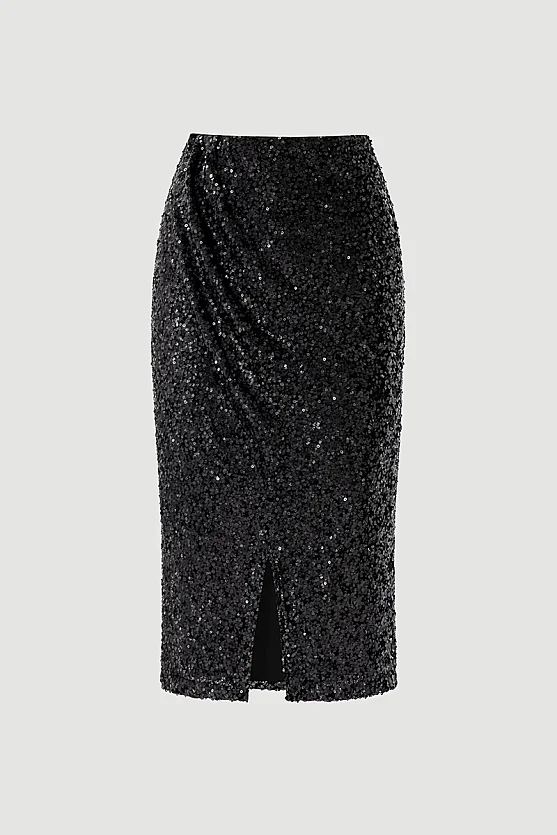 Sequin Premium Evening Long Skirt - Black - Gusto