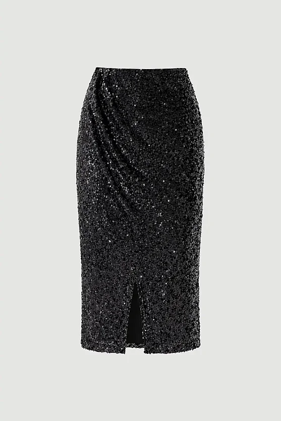 Sequin Premium Evening Long Skirt - Black - Gusto