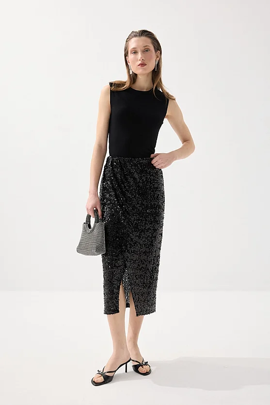 Sequin Premium Evening Long Skirt - Black - Gusto