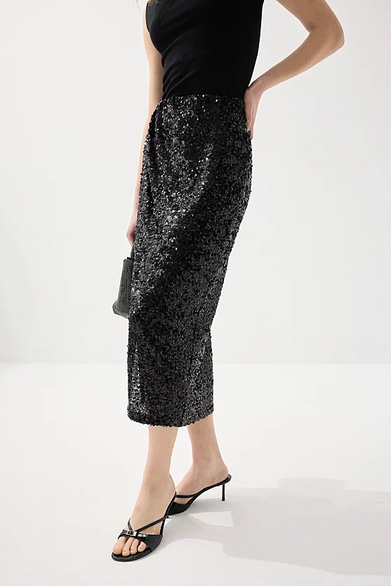 Sequin Premium Evening Long Skirt - Black - Gusto