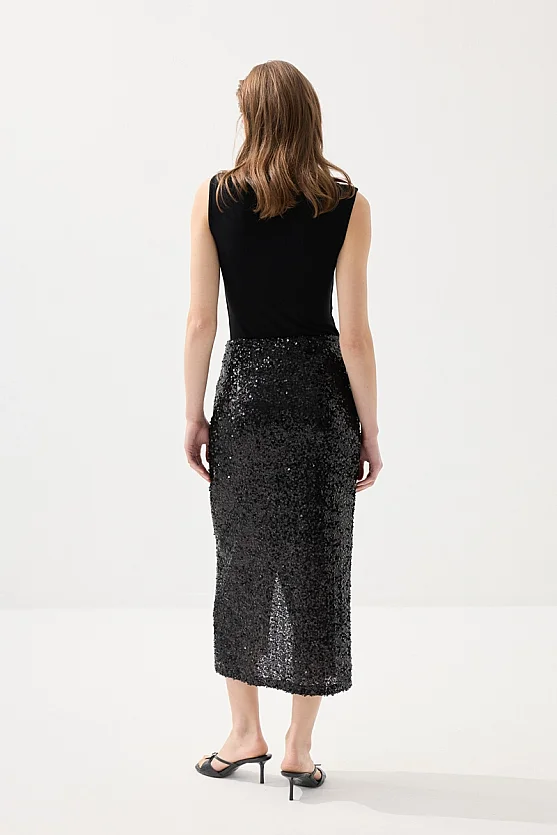 Sequin Premium Evening Long Skirt - Black - Gusto