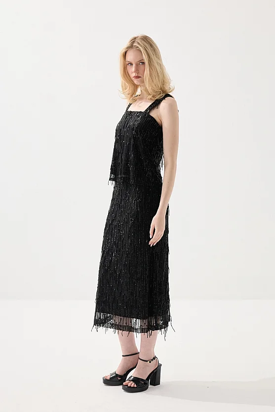 Sequin Premium Evening Midi Skirt - Black - 1