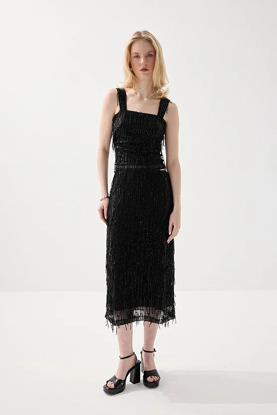 Sequin Premium Evening Midi Skirt - Black - 2