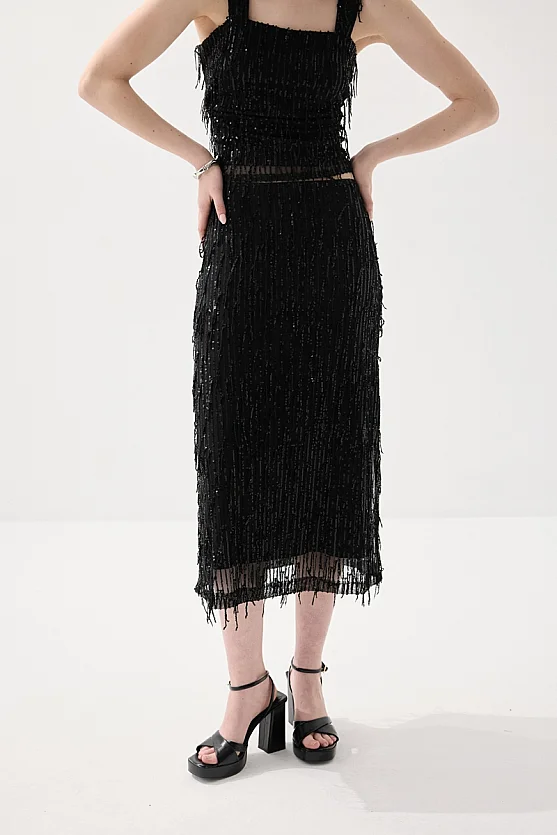 Sequin Premium Evening Midi Skirt - Black - 3