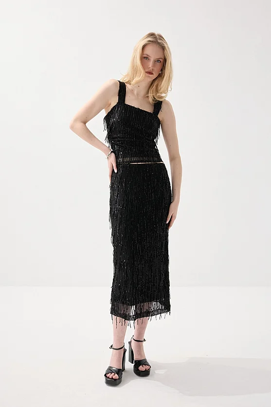 Sequin Premium Evening Midi Skirt - Black - Gusto
