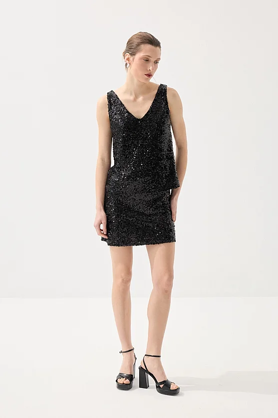 Sequin Premium Evening Mini Skirt - Black - Gusto