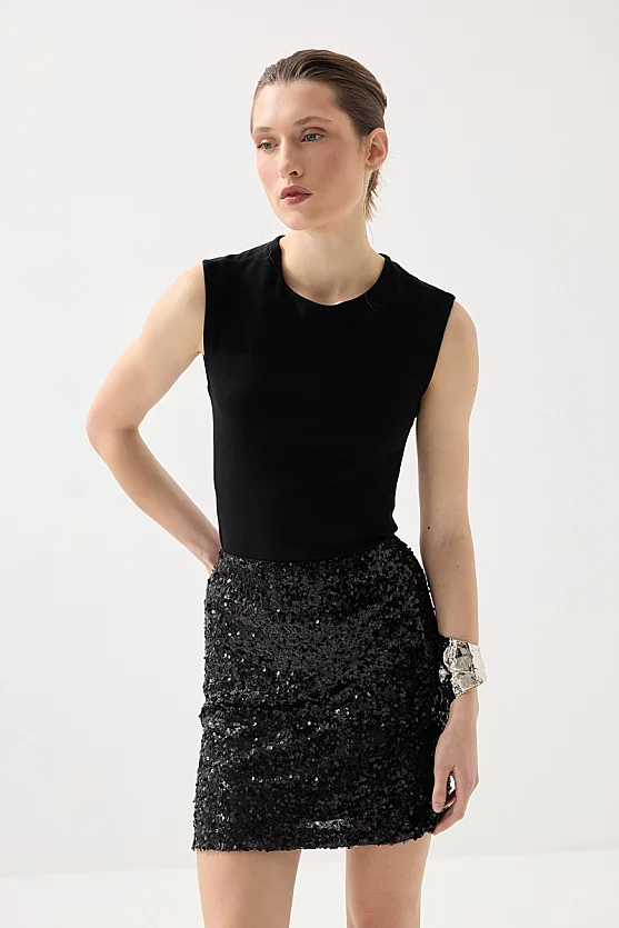 Sequin Premium Evening Mini Skirt - Black - Gusto