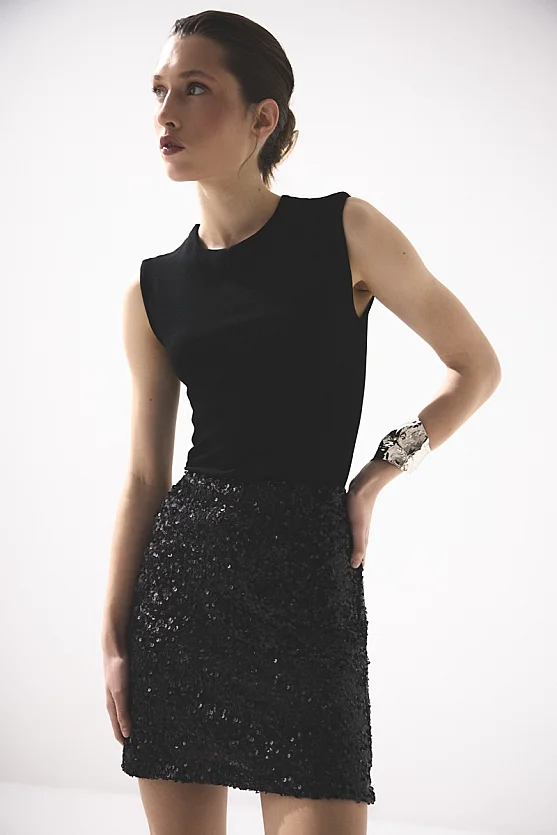 Sequin Premium Evening Mini Skirt - Black - 3