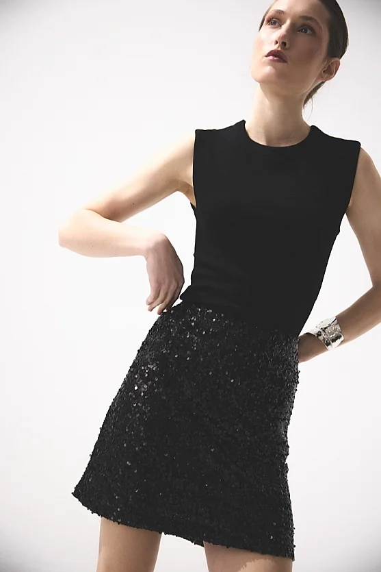 Sequin Premium Evening Mini Skirt - Black - Gusto