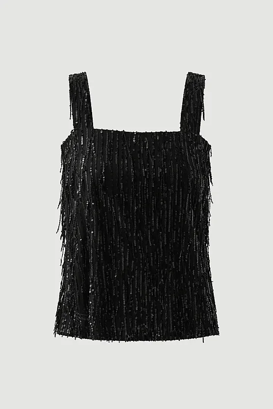 Sequin Premium Evening Tank Blouse - Black - Gusto
