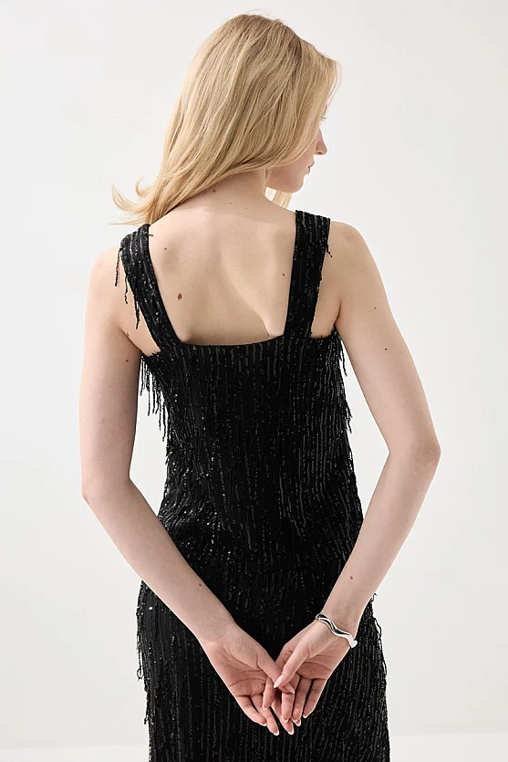 Sequin Premium Evening Tank Blouse - Black - Gusto