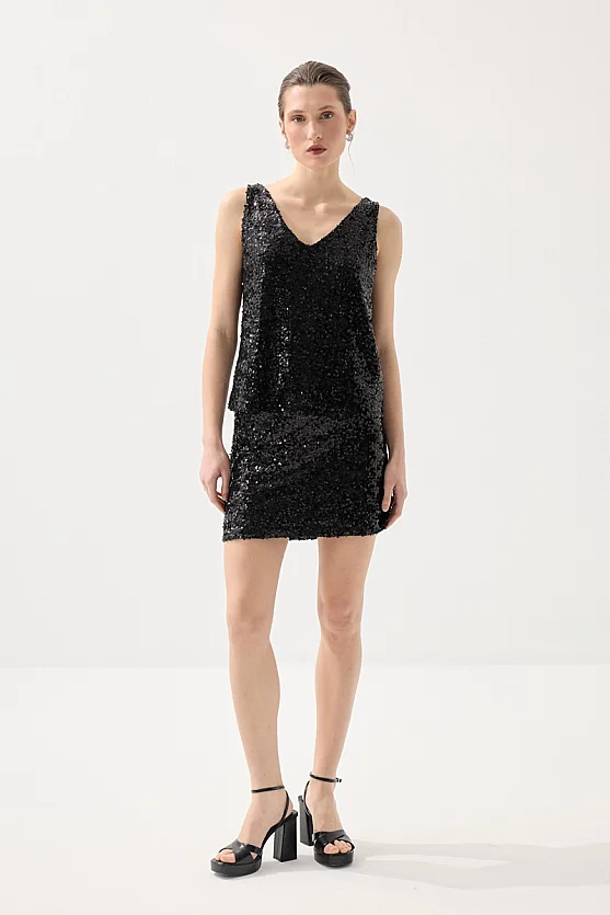 Sequin Premium Evening Tank Top - Black - Gusto