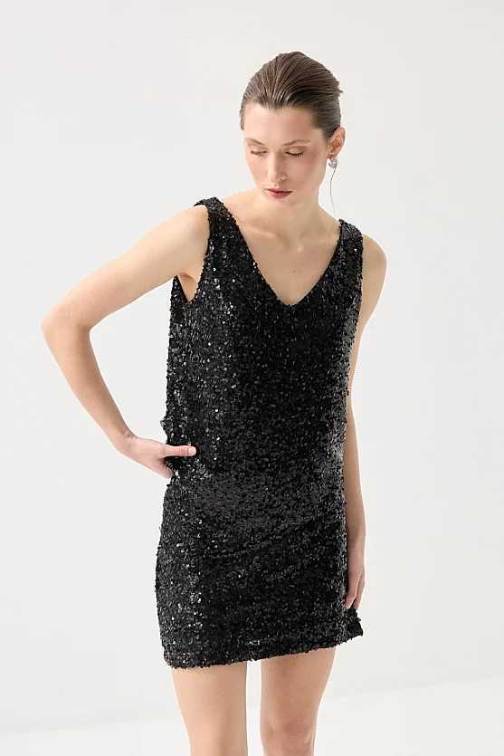 Sequin Premium Evening Tank Top - Black - Gusto