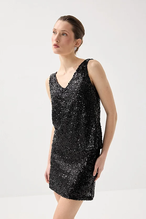 Sequin Premium Evening Tank Top - Black - Gusto