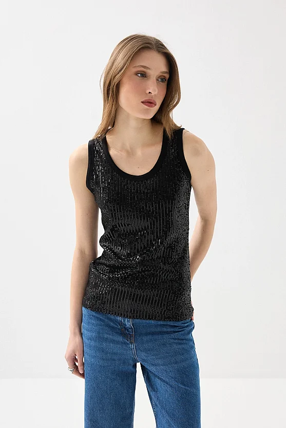 Sequin Tank Blouse - Black - Gusto