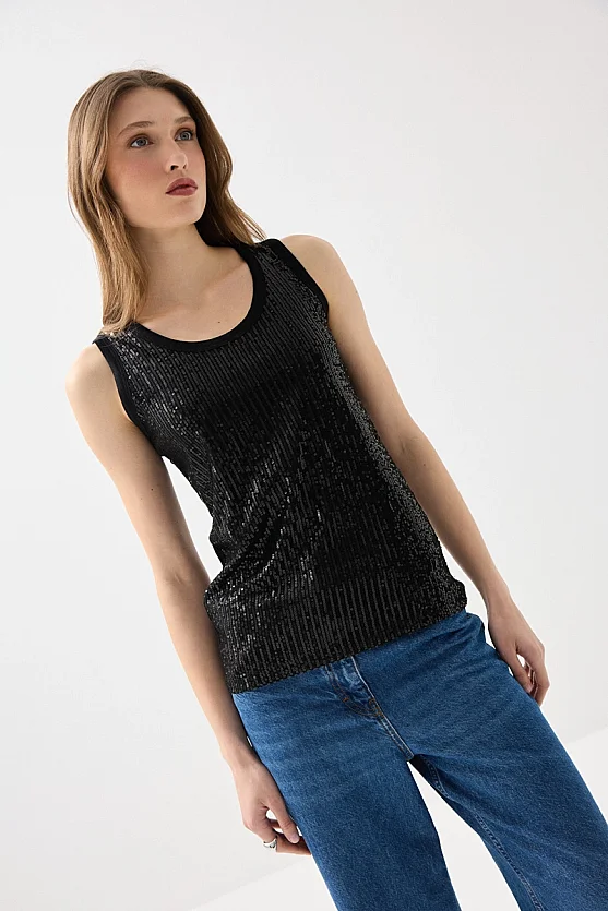 Sequin Tank Blouse - Black - Gusto