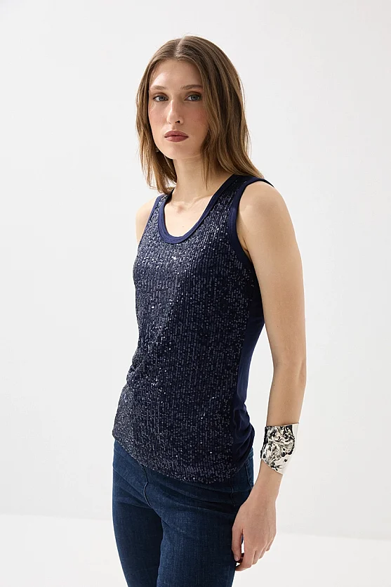 Sequin Tank Blouse - Navy Blue - Gusto