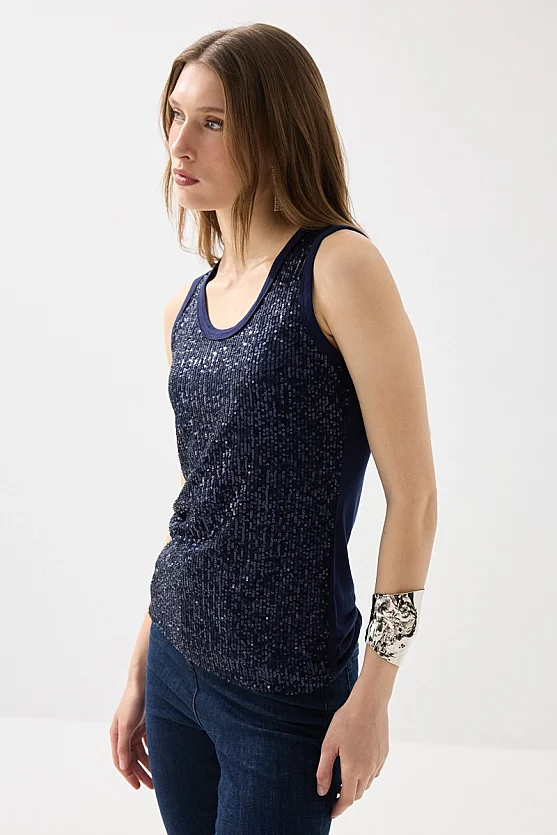 Sequin Tank Blouse - Navy Blue - Gusto