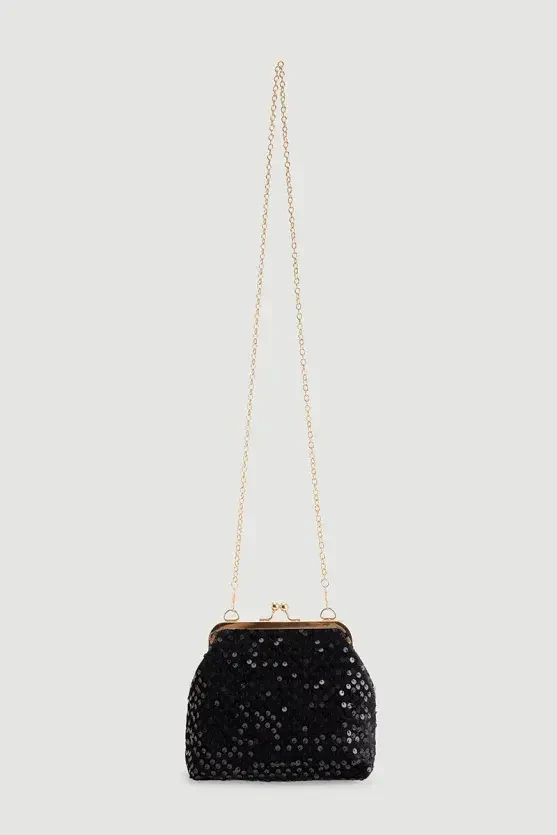 Sequin Velvet Evening Clutch with Metal Strap - Black - 2