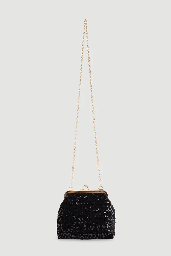 Sequin Velvet Evening Clutch with Metal Strap - Black - 2